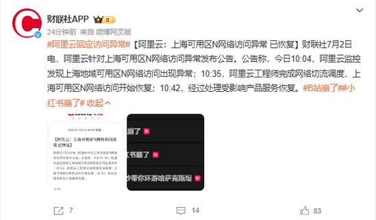 B站、小红书崩了?阿里云:上海可用区N网络访问已规复